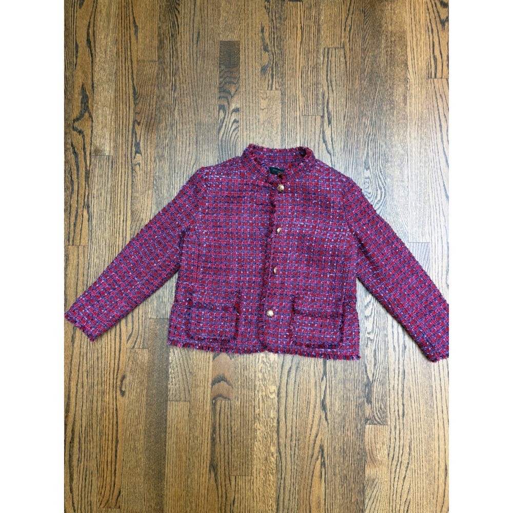 Talbots Tweed Jacket 4P Red Purple Boucle Gold Button Preppy Heritage Academia